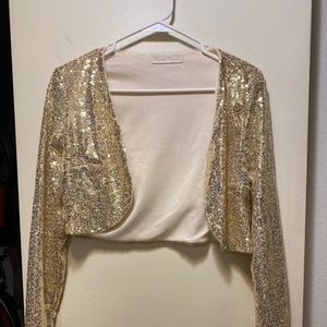 Gold Sequin Shrug Long Sleeve Open Front Crop